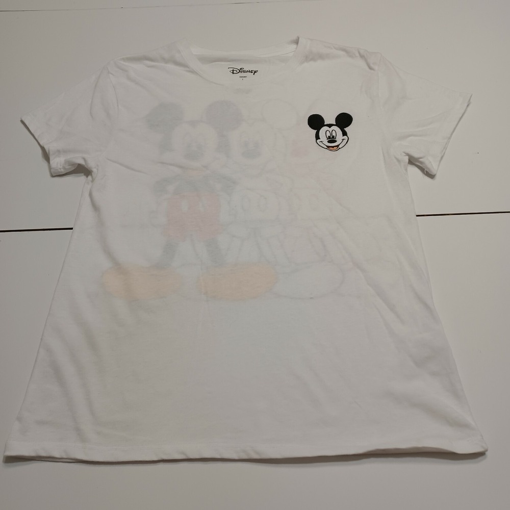 Disney Mickey Womens T-Shirt White Embroidered Graphic Short Sleeve Crew Neck L